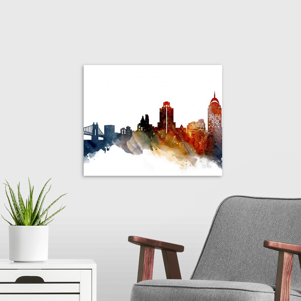A modern room featuring The Cincinnati city skyline in colorful watercolor splashes.