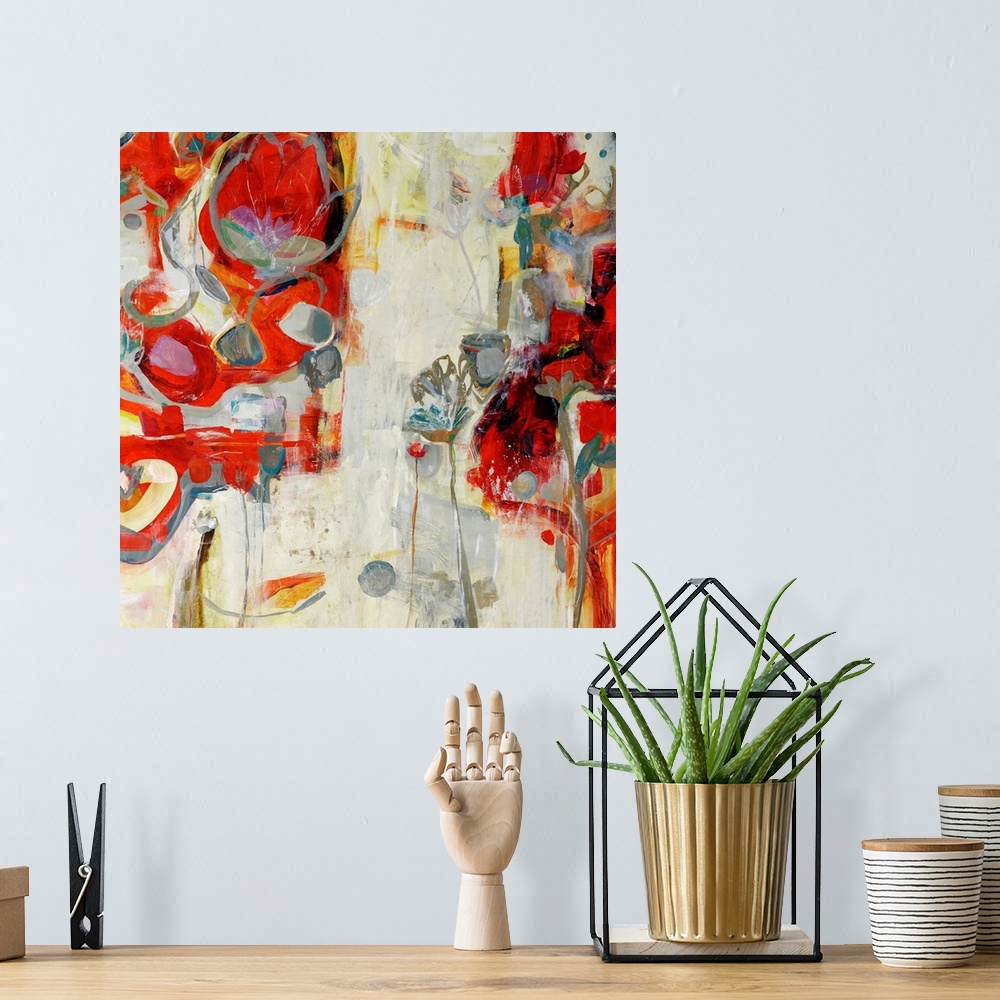 A bohemian room featuring Contemporary abstract painting featuring vibrant colors and fluid shapes reminiscent of the celeb...