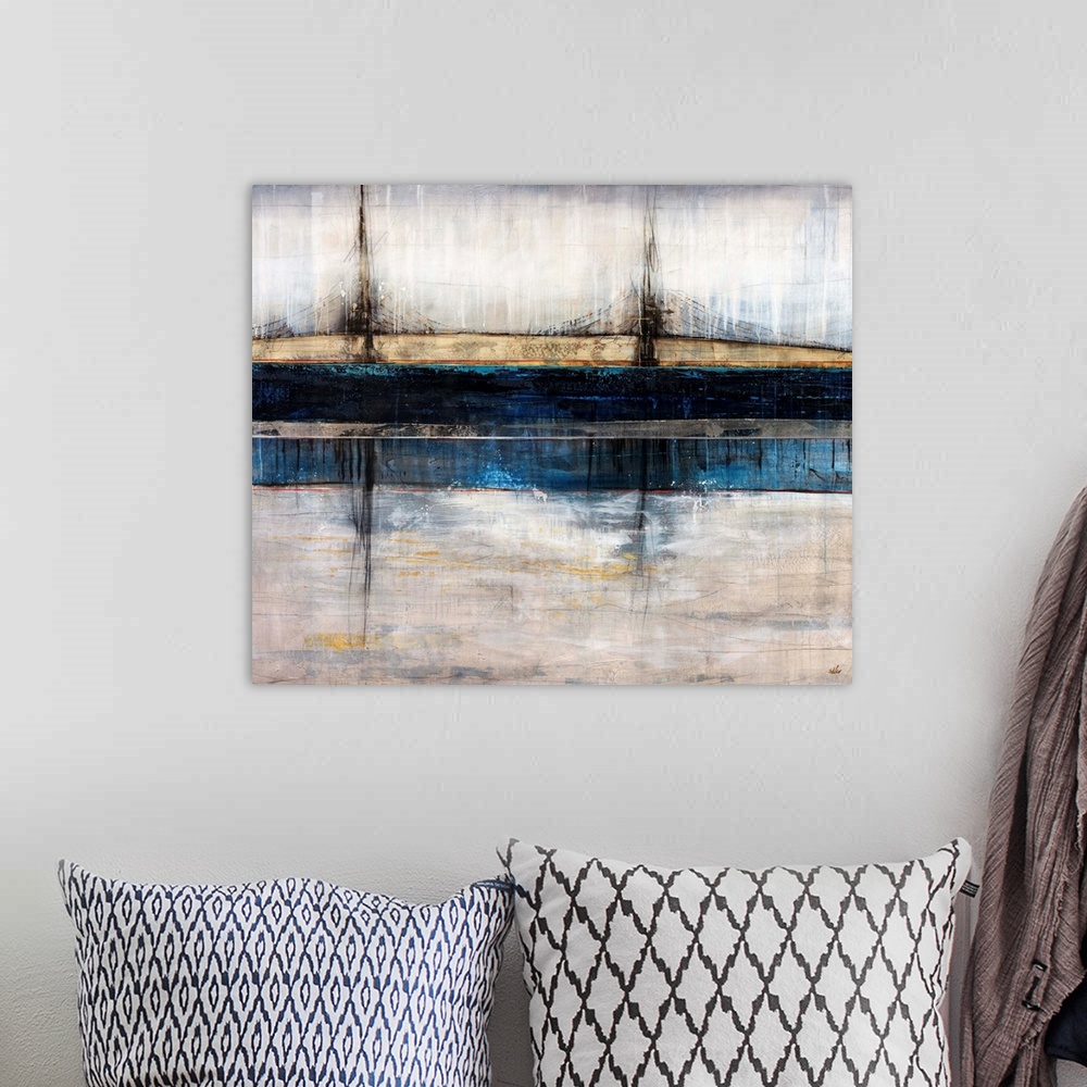 A bohemian room featuring Abstract art piece depicting a bridge in a city spanning across a river.