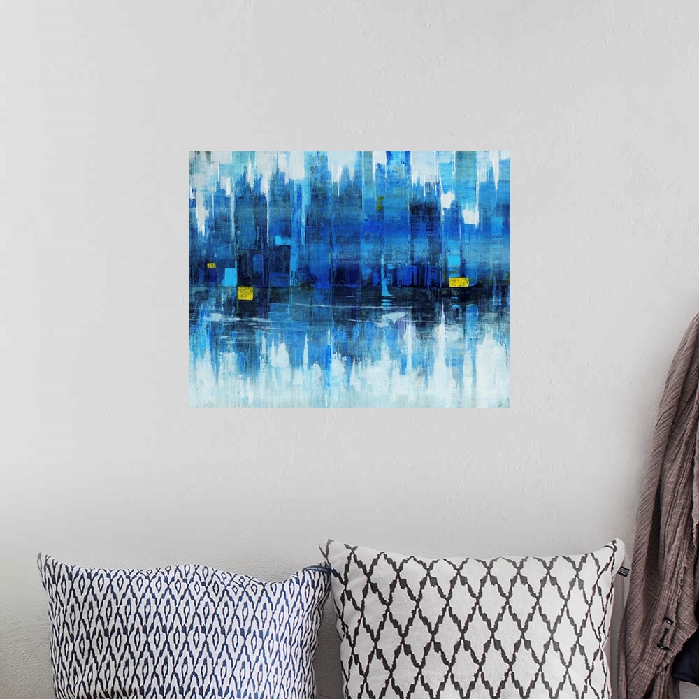 A bohemian room featuring Abstract modern art of a city skyline reflected off a body of water.