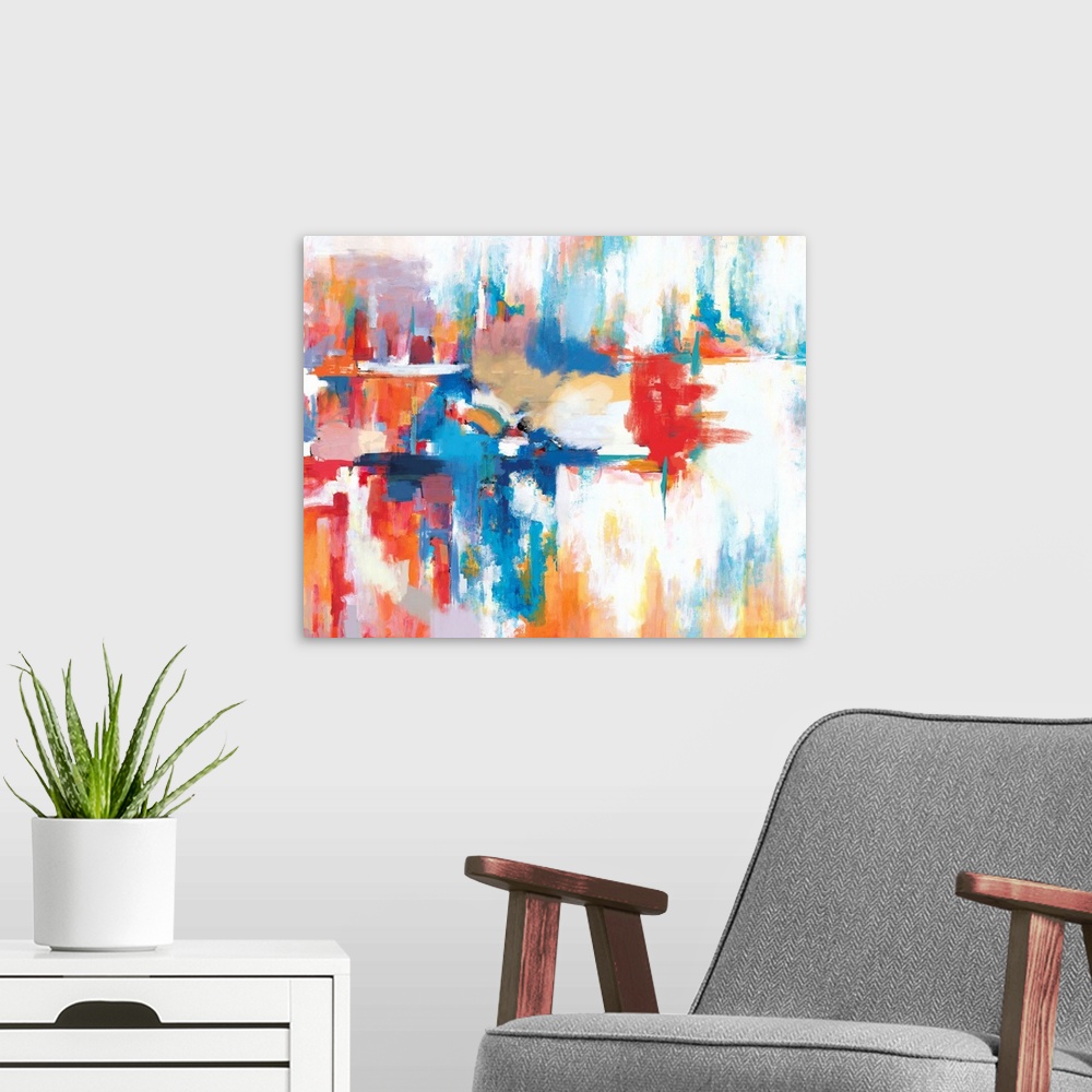 A modern room featuring A contemporary abstract painting using horizontal arrangement of colors.