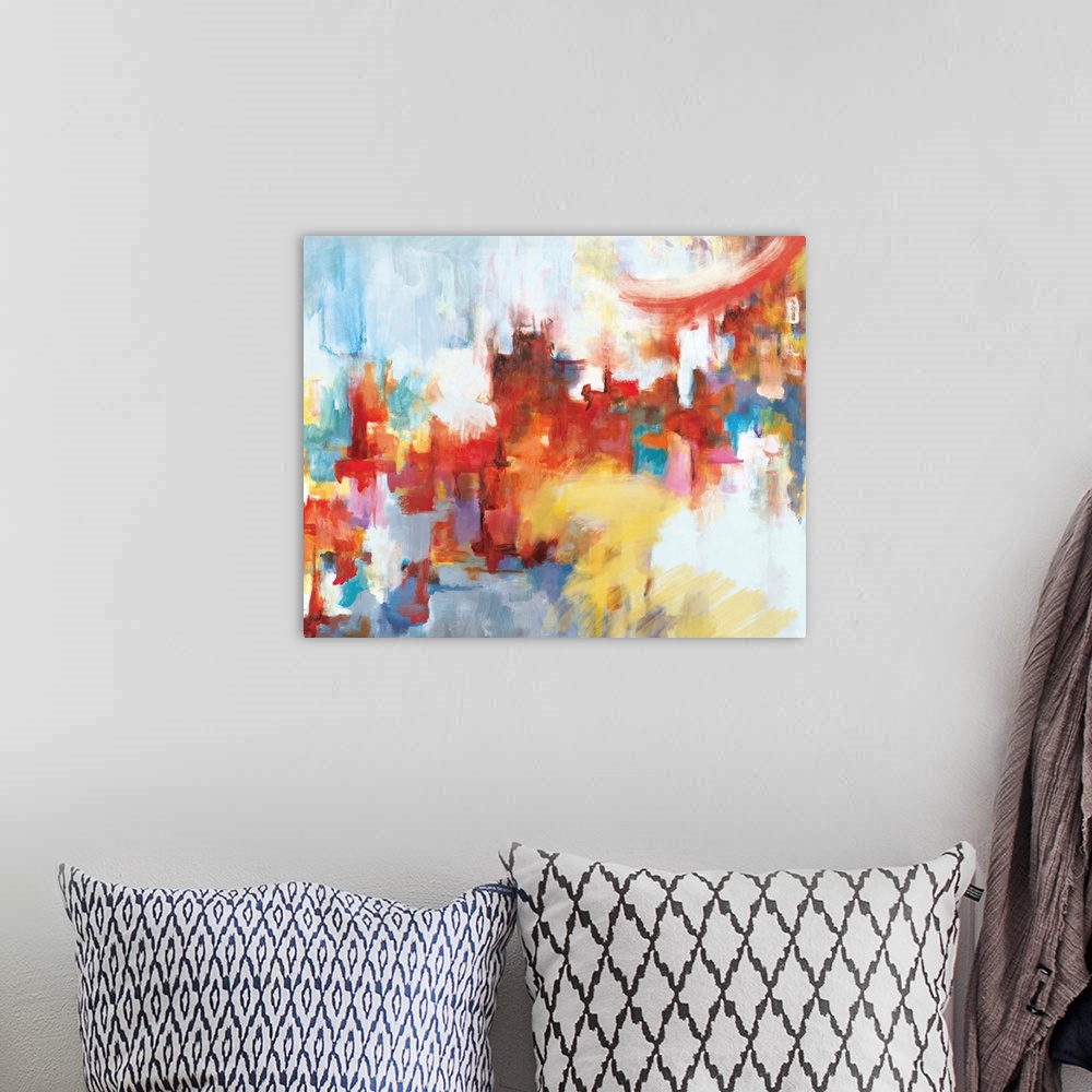 A bohemian room featuring A contemporary abstract painting using mostly warm colors with cool tones shining through like ci...