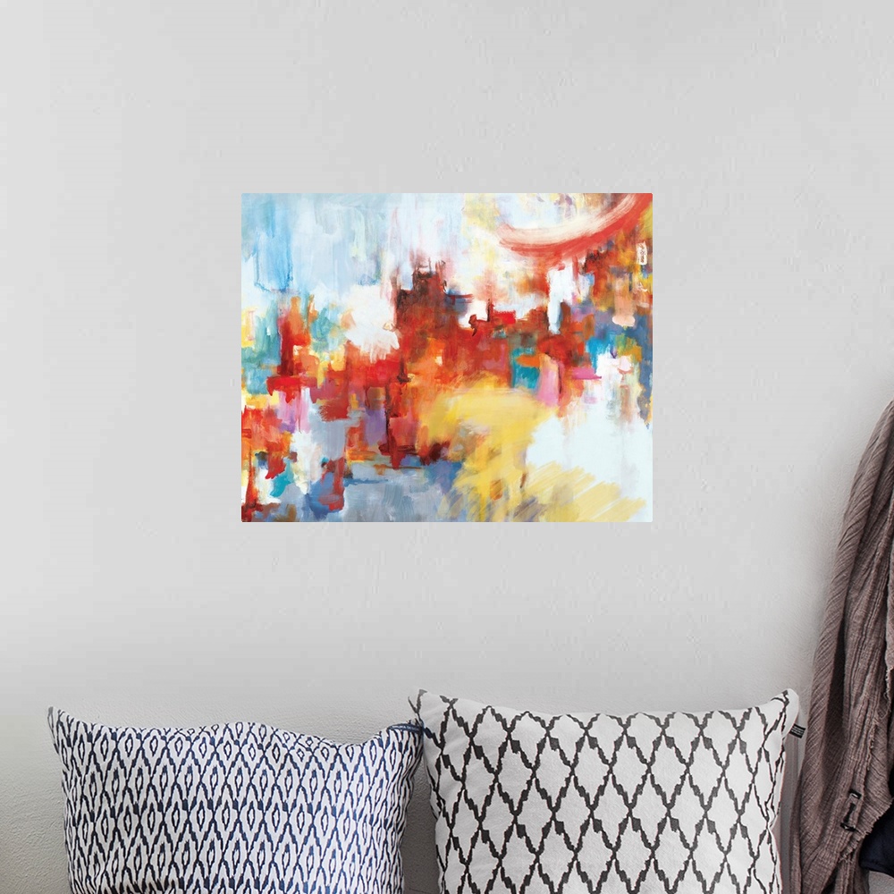 A bohemian room featuring A contemporary abstract painting using mostly warm colors with cool tones shining through like ci...