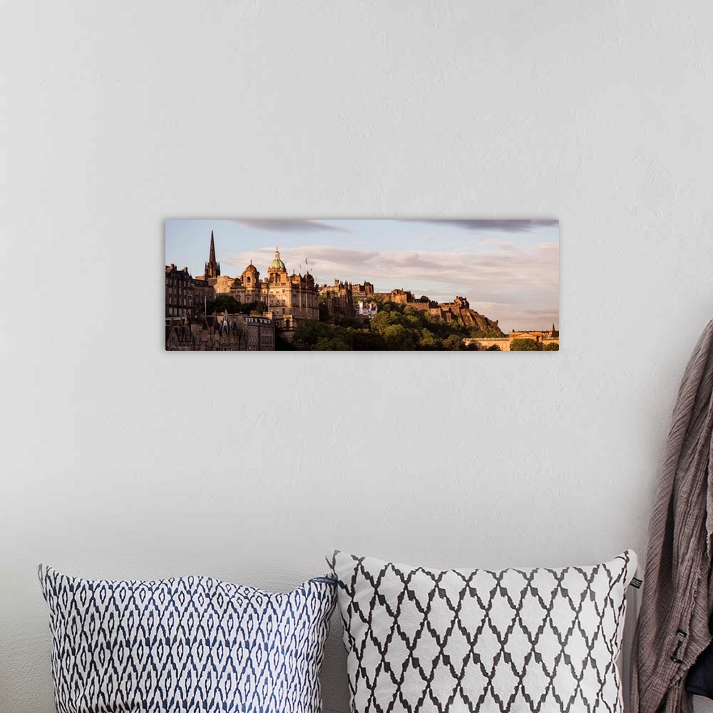 A bohemian room featuring Panoramic photograph of part of the city of Edinburgh with the castle in the background, at golde...