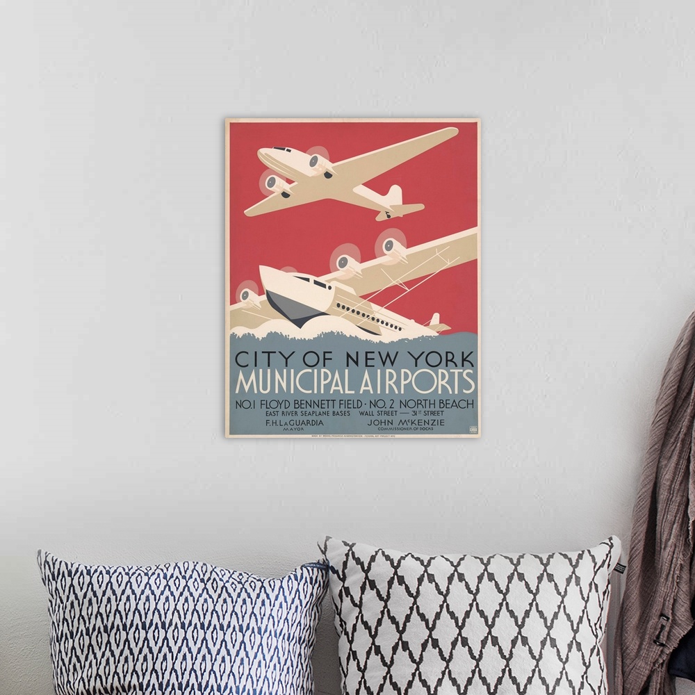 A bohemian room featuring City of New York municipal airports. No. 1 Floyd Bennett Field. No. 2 North Beach. Poster promoti...