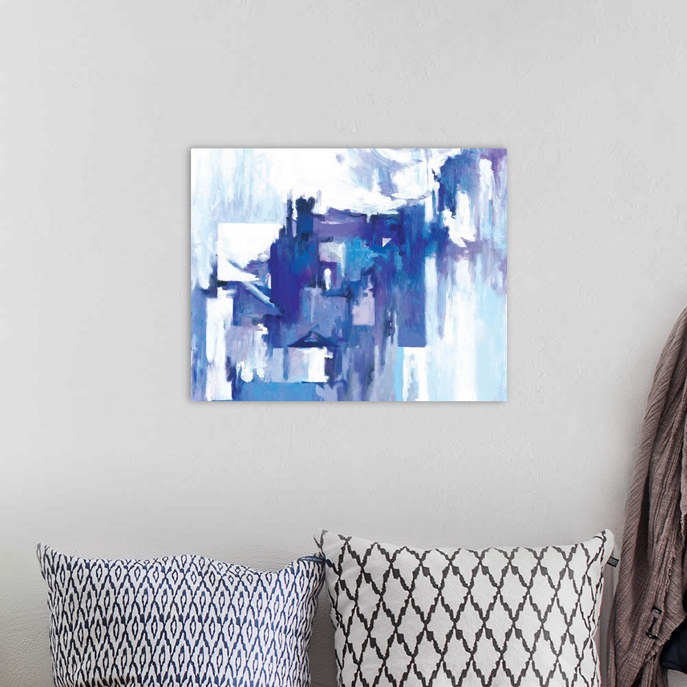 A bohemian room featuring Contemporary abstract art with angular shapes in blue and lavender shades.