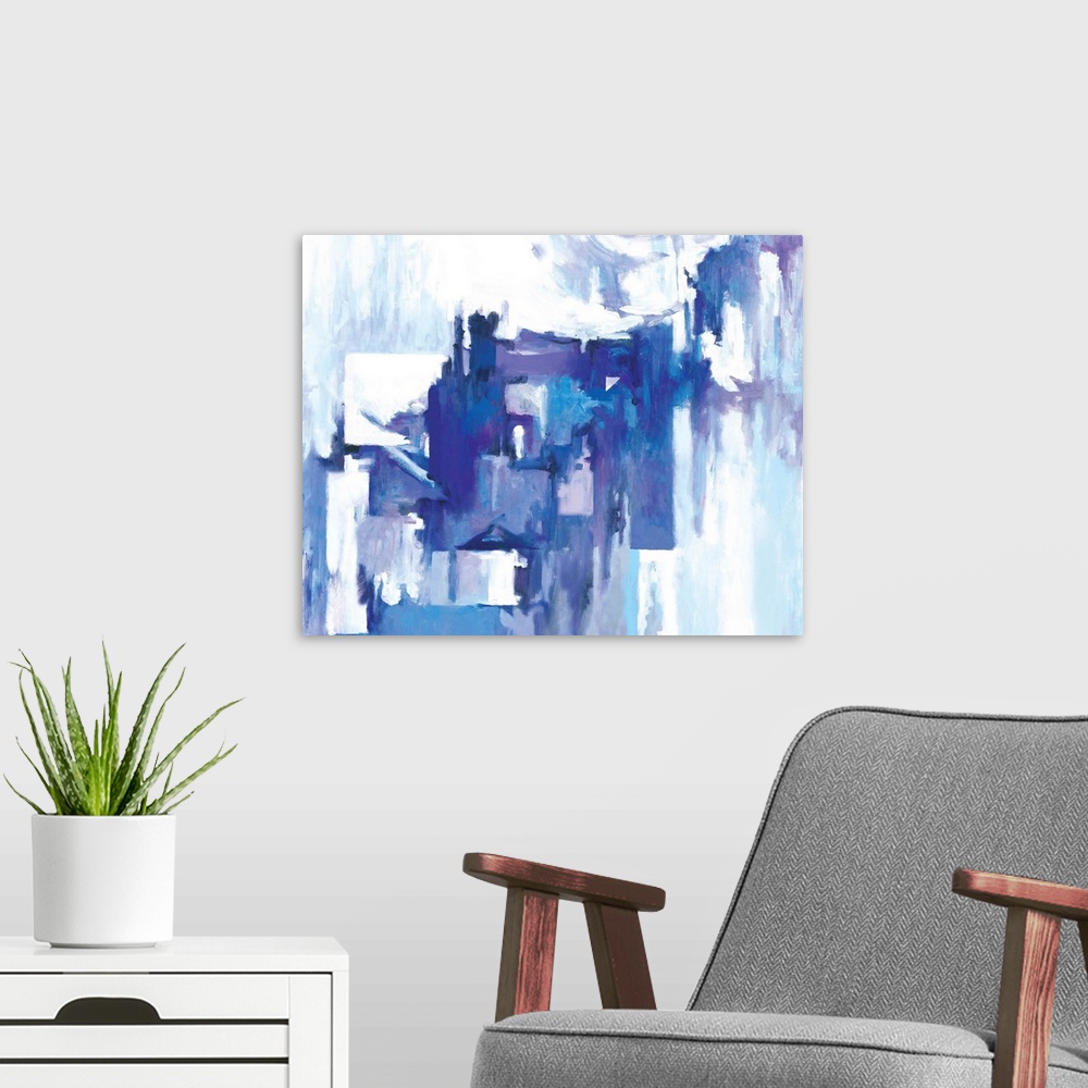 A modern room featuring Contemporary abstract art with angular shapes in blue and lavender shades.