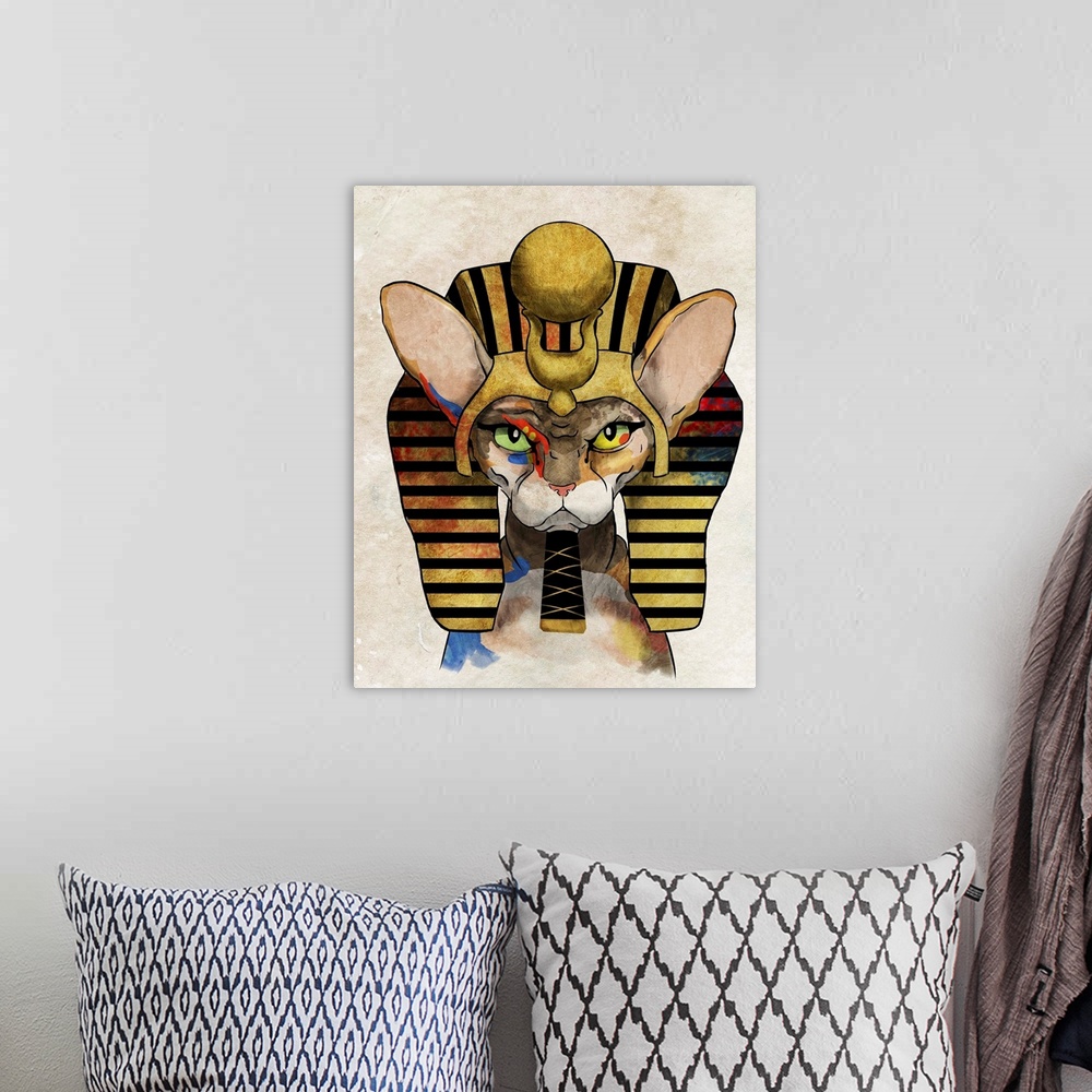 A bohemian room featuring Pop art of a Sphinx cat wearing an Ancient Egyptian headdress.
