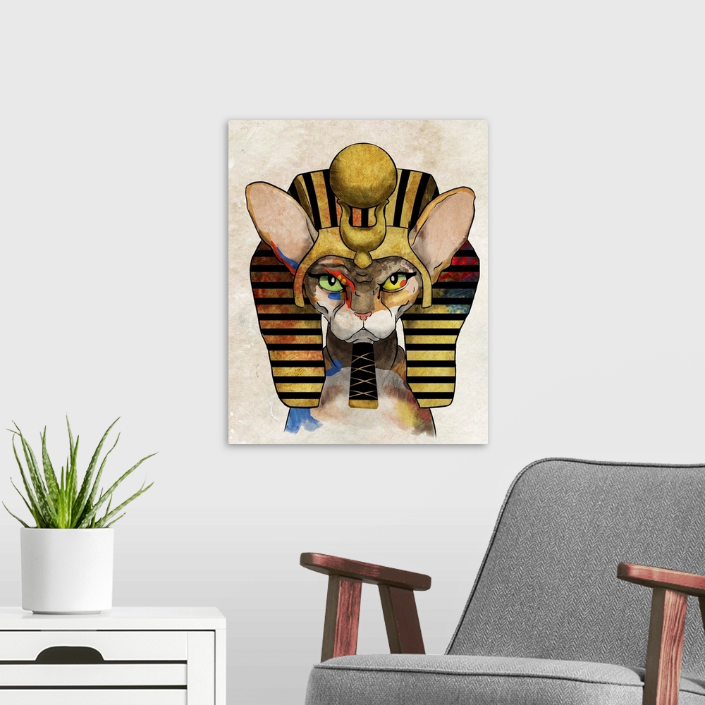 A modern room featuring Pop art of a Sphinx cat wearing an Ancient Egyptian headdress.