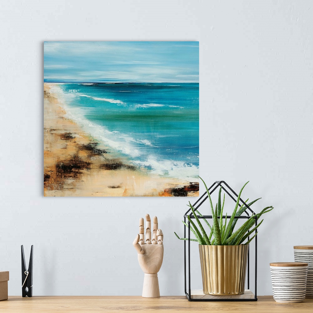 A bohemian room featuring Contemporary painting of slightly blurred, out of focus shoreline with surf and waves rolling in ...