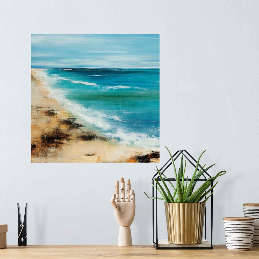 A bohemian room featuring Contemporary painting of slightly blurred, out of focus shoreline with surf and waves rolling in ...