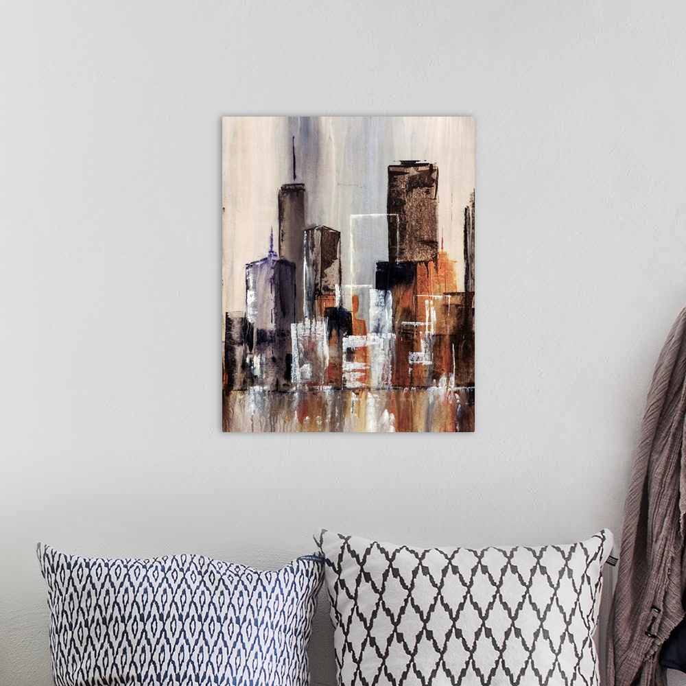A bohemian room featuring Contemporary abstract painting of cityscape and waterfront. The painting uses simple geometric sh...