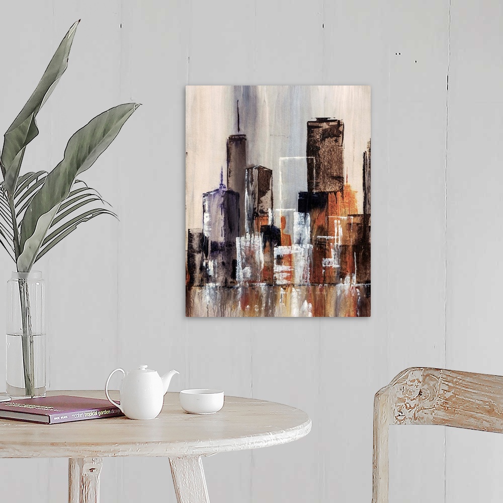 A farmhouse room featuring Contemporary abstract painting of cityscape and waterfront. The painting uses simple geometric sh...
