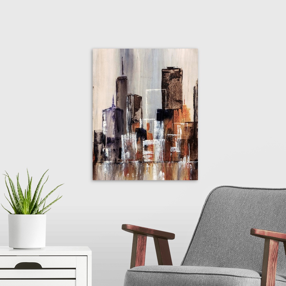 A modern room featuring Contemporary abstract painting of cityscape and waterfront. The painting uses simple geometric sh...