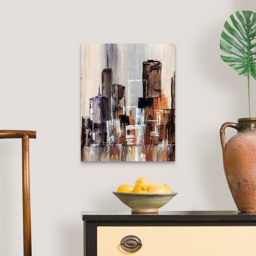 A traditional room featuring Contemporary abstract painting of cityscape and waterfront. The painting uses simple geometric sh...