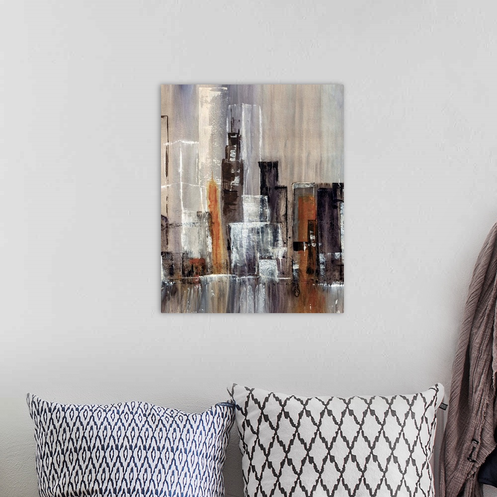 A bohemian room featuring Contemporary abstract painting of tall city building and skyscrapers with waterfall in the foregr...