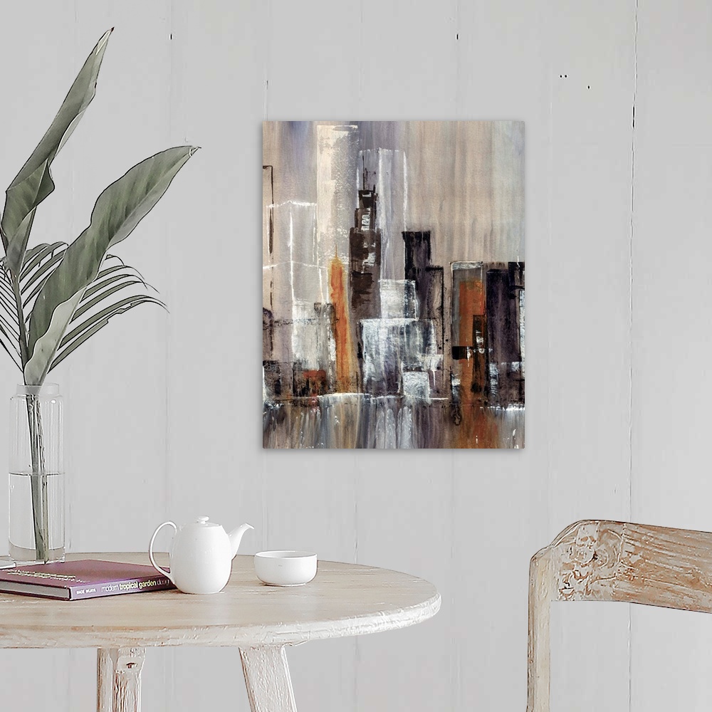 A farmhouse room featuring Contemporary abstract painting of tall city building and skyscrapers with waterfall in the foregr...