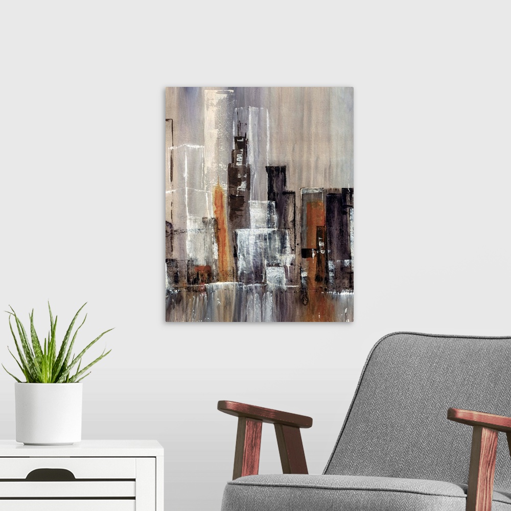 A modern room featuring Contemporary abstract painting of tall city building and skyscrapers with waterfall in the foregr...