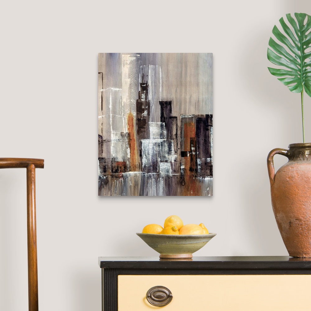 A traditional room featuring Contemporary abstract painting of tall city building and skyscrapers with waterfall in the foregr...