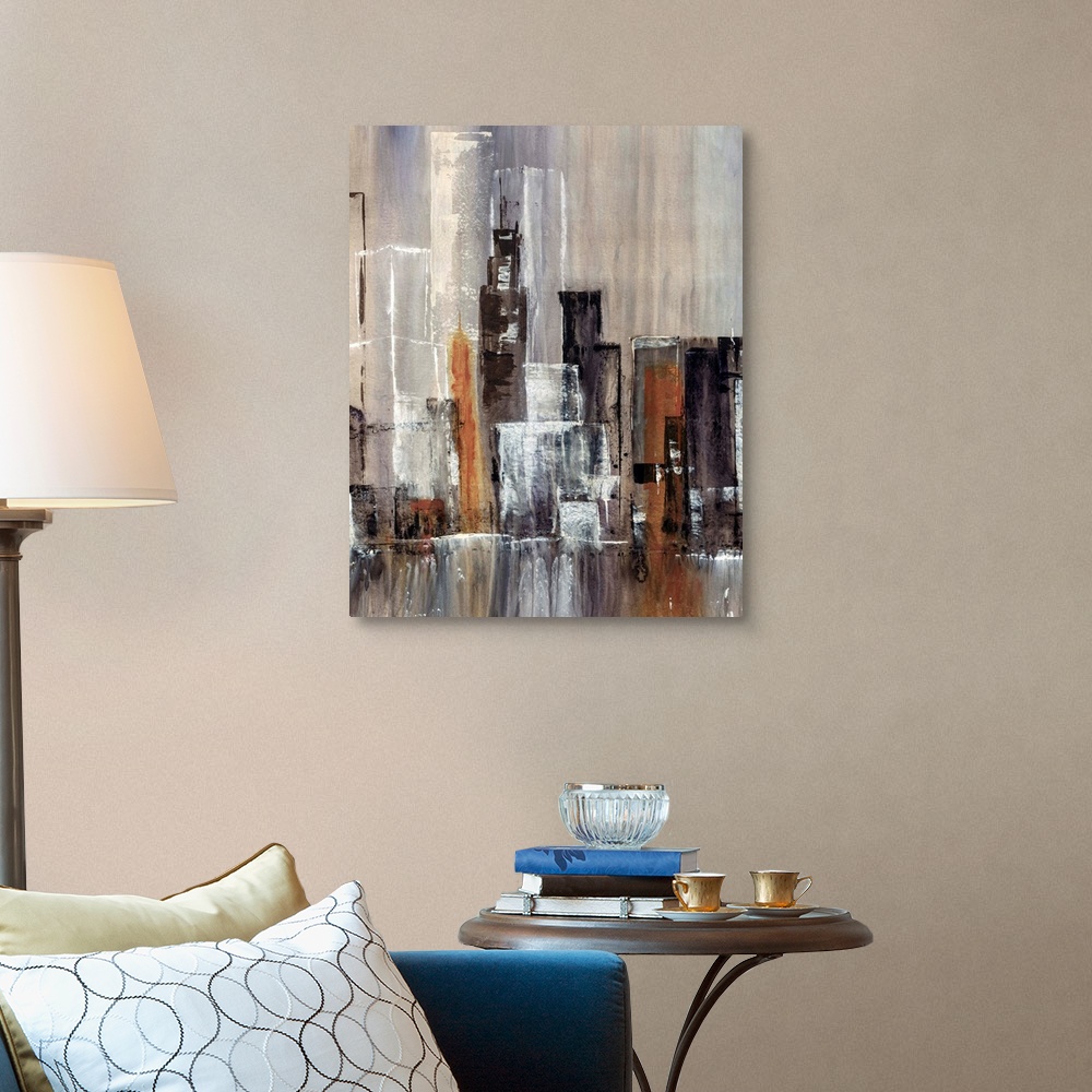 A traditional room featuring Contemporary abstract painting of tall city building and skyscrapers with waterfall in the foregr...