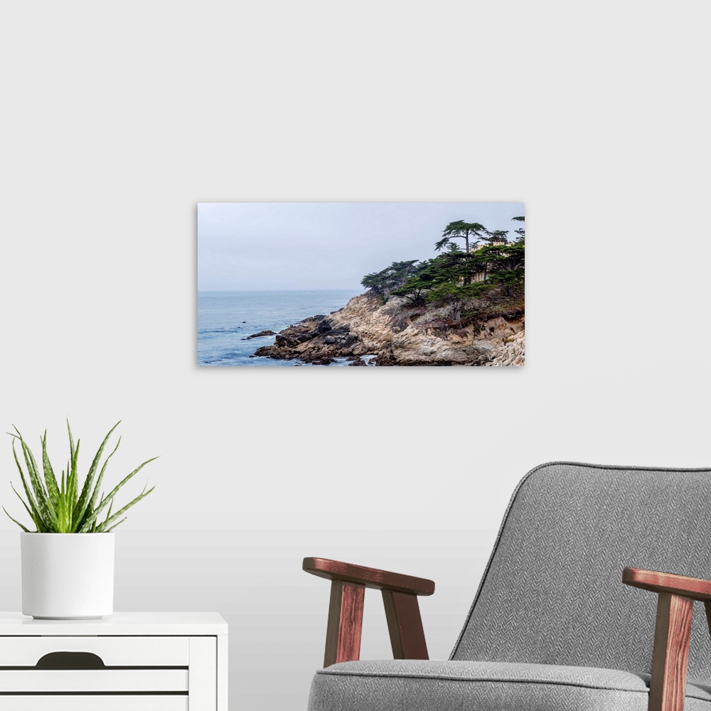 A modern room featuring View of coastal rocks at Pebble beach in California.