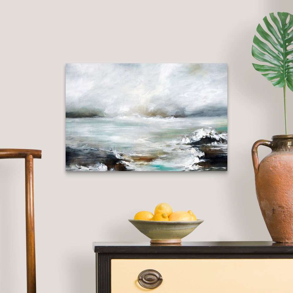 A traditional room featuring Contemporary artwork of a seascape with mild waves on a cloudy day.