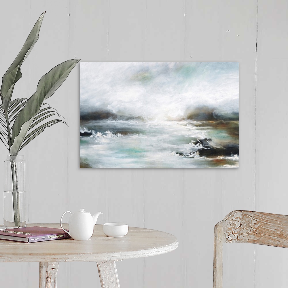 A farmhouse room featuring Contemporary artwork of a seascape with mild waves on a cloudy day.