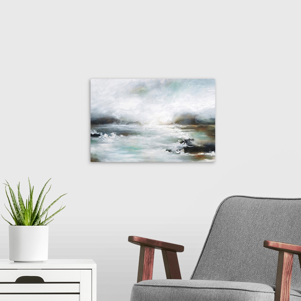 A modern room featuring Contemporary artwork of a seascape with mild waves on a cloudy day.