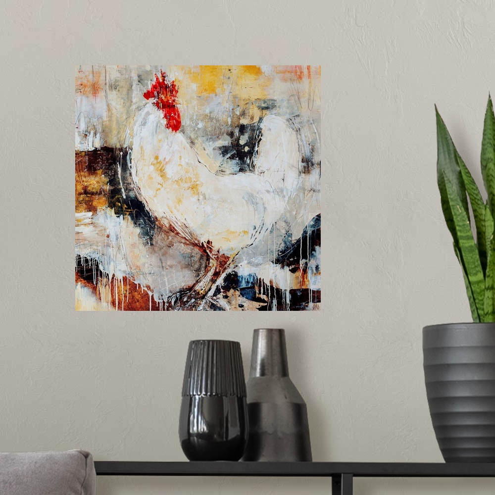 A modern room featuring Abstract painting of a rooster.