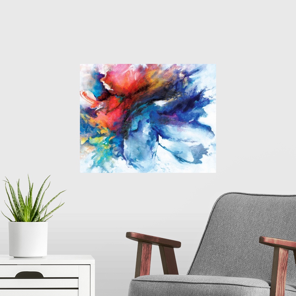 A modern room featuring A contemporary abstract painting of a cloud-like formation of deep colors and brush strokes.
