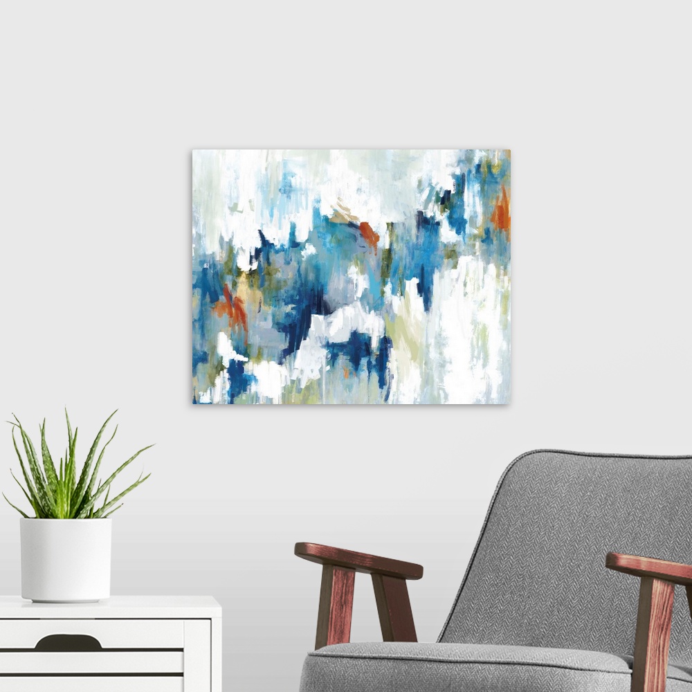 A modern room featuring A contemporary abstract painting a multitude of colors in a horizontal formation against a white ...