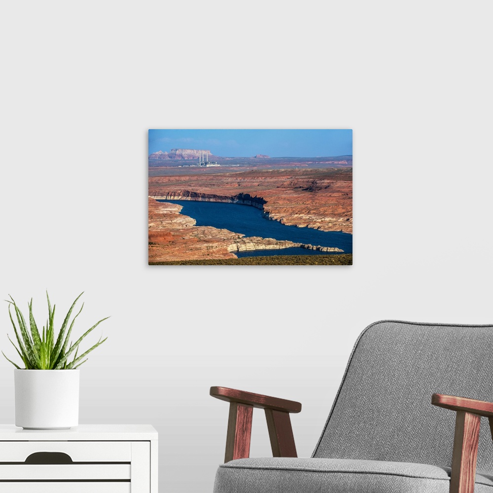 A modern room featuring View of Colorado River with Project-Navajo Generating Station in the background in Page, Arizona.