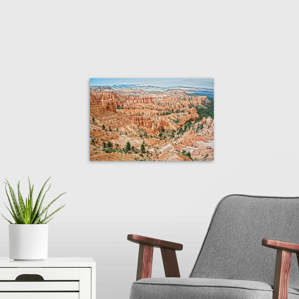 A modern room featuring Striped orange and white hoodoos and green pine trees in Bryce Canyon Amphitheater, Bryce Canyon ...