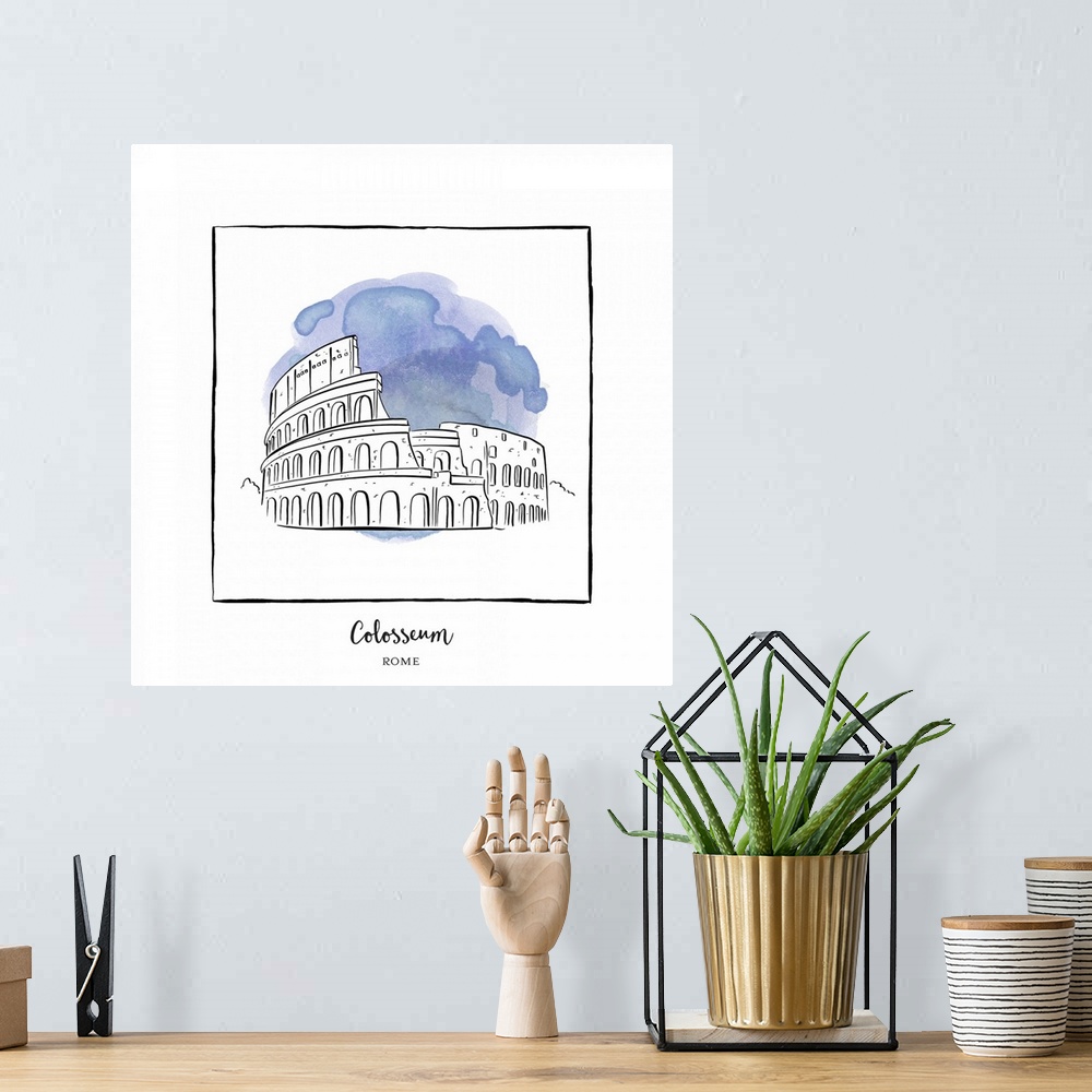 A bohemian room featuring An ink illustration of the Colosseum in Rome, Italy, with a blue watercolor wash.