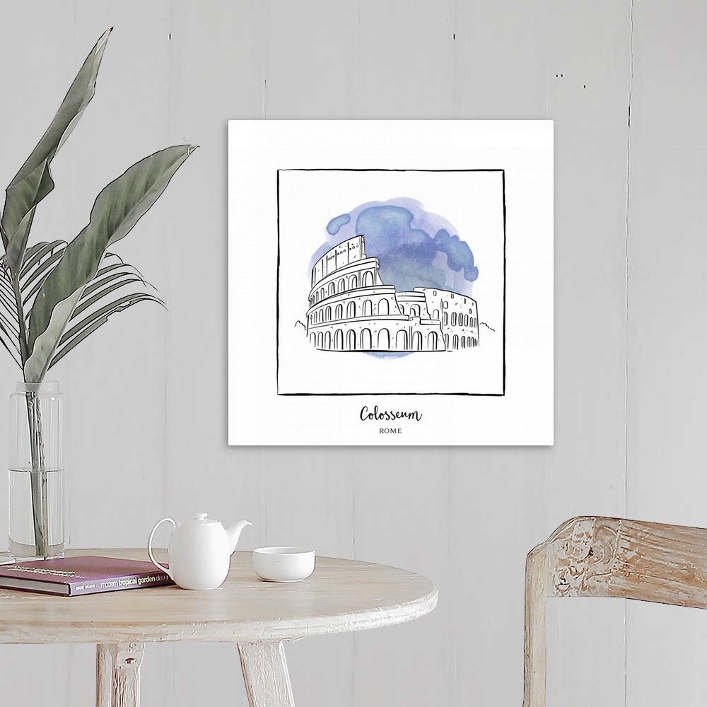 A farmhouse room featuring An ink illustration of the Colosseum in Rome, Italy, with a blue watercolor wash.
