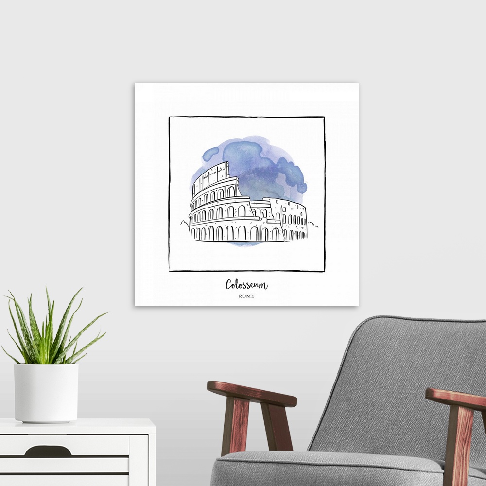 A modern room featuring An ink illustration of the Colosseum in Rome, Italy, with a blue watercolor wash.