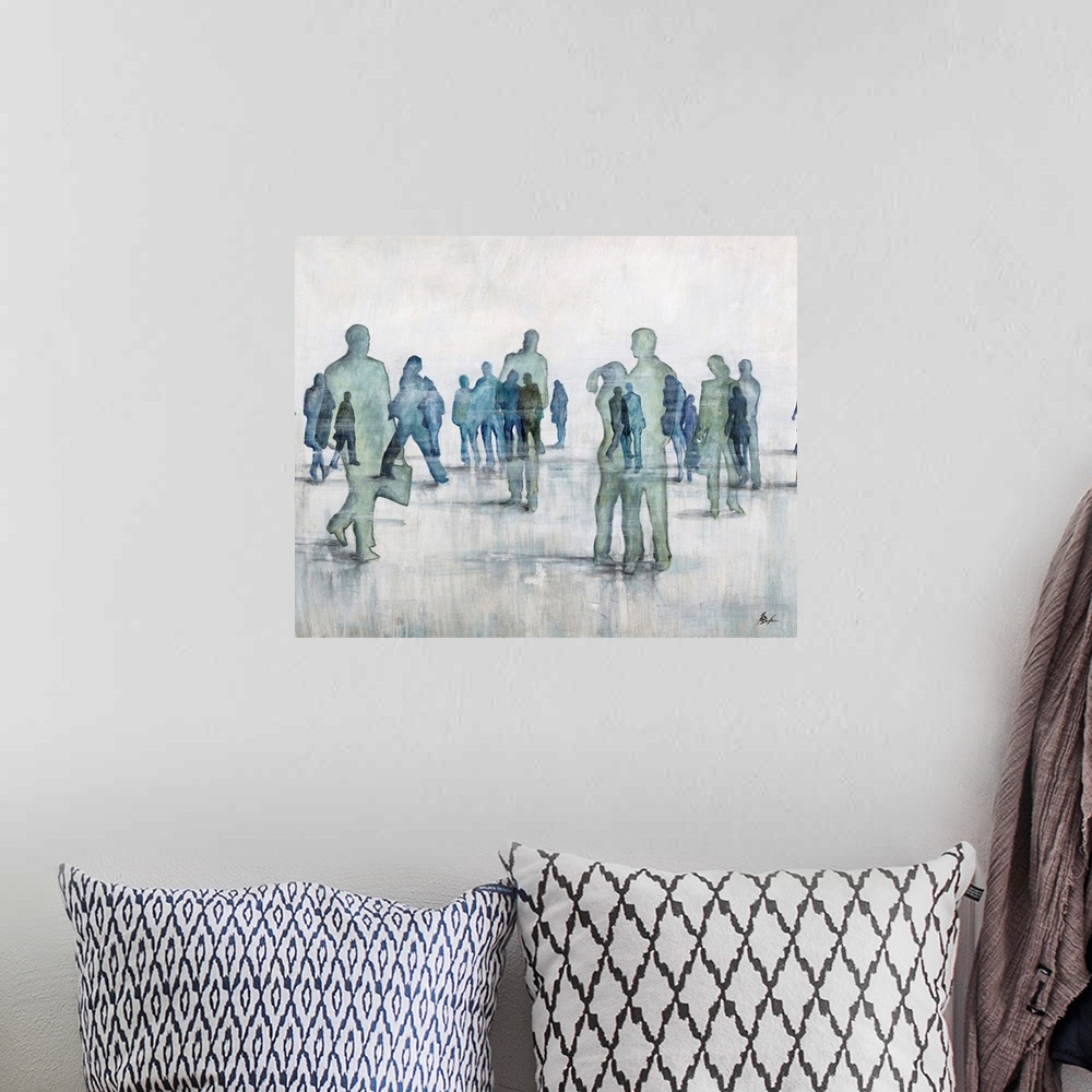 A bohemian room featuring Contemporary painting of transparent figures in cool tones gathering.