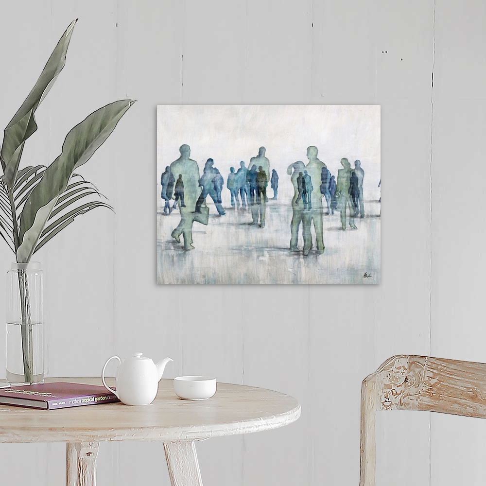 A farmhouse room featuring Contemporary painting of transparent figures in cool tones gathering.