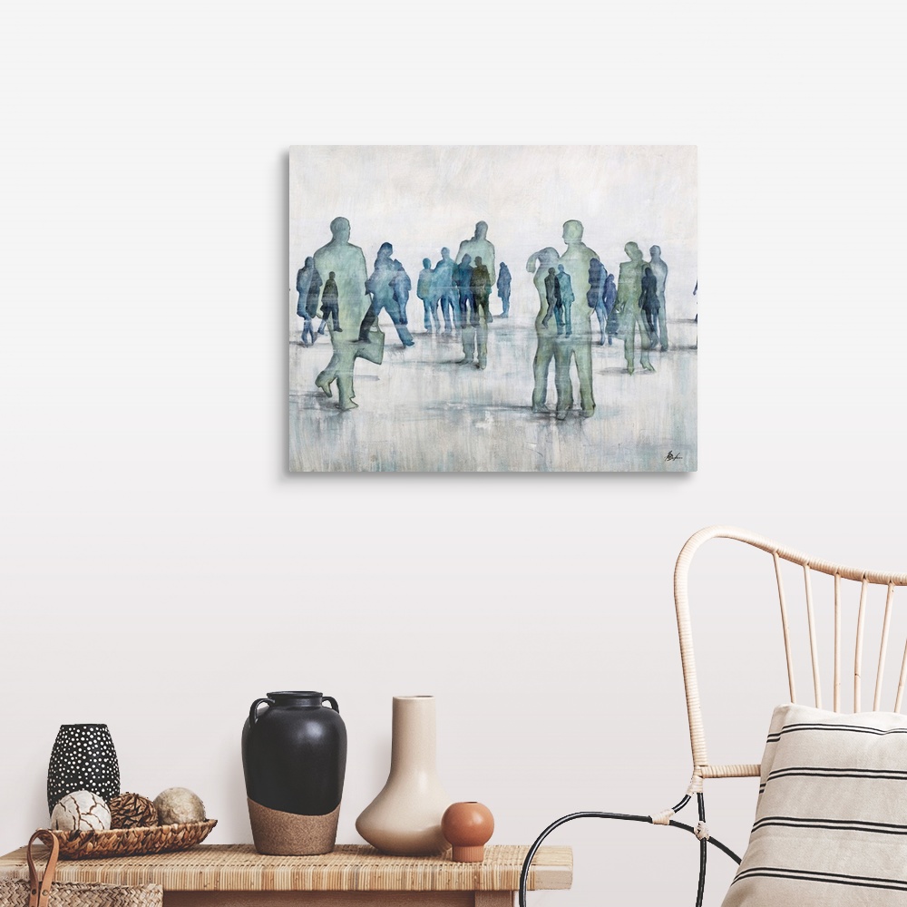 A farmhouse room featuring Contemporary painting of transparent figures in cool tones gathering.