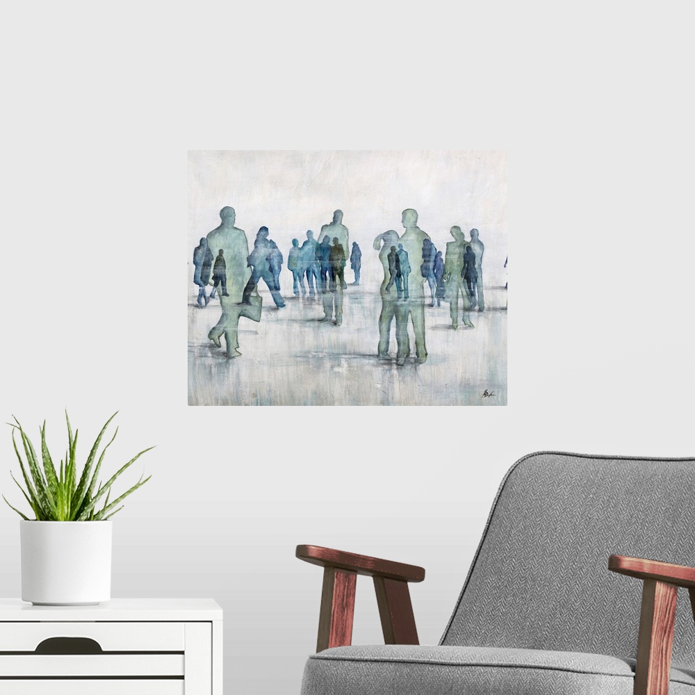 A modern room featuring Contemporary painting of transparent figures in cool tones gathering.