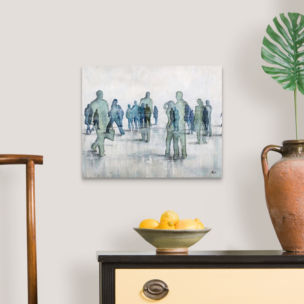 A traditional room featuring Contemporary painting of transparent figures in cool tones gathering.