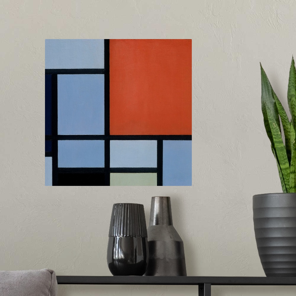A modern room featuring This is an early example of the geometric mode of painting that Mondrian called Neo-Plasticism. F...