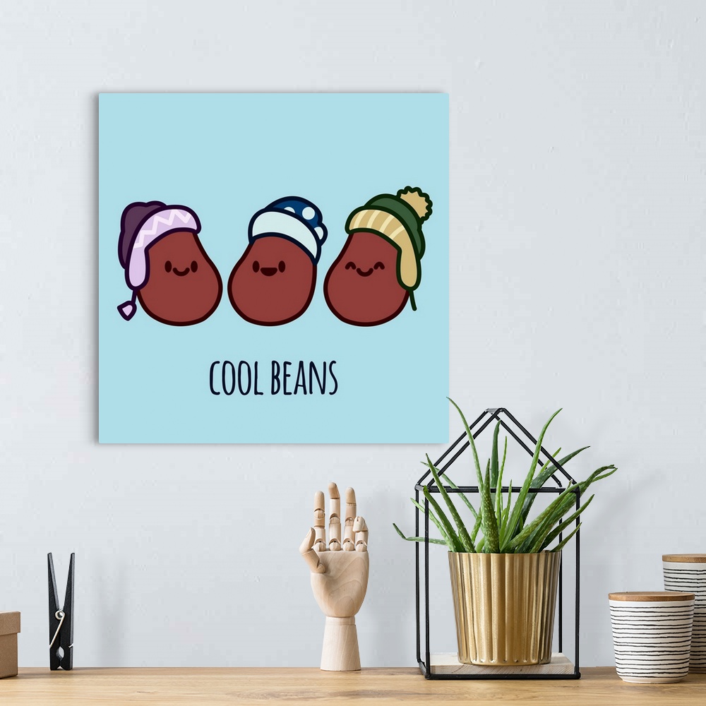 A bohemian room featuring Three stylish kidney beans wearing snowboarding hats.