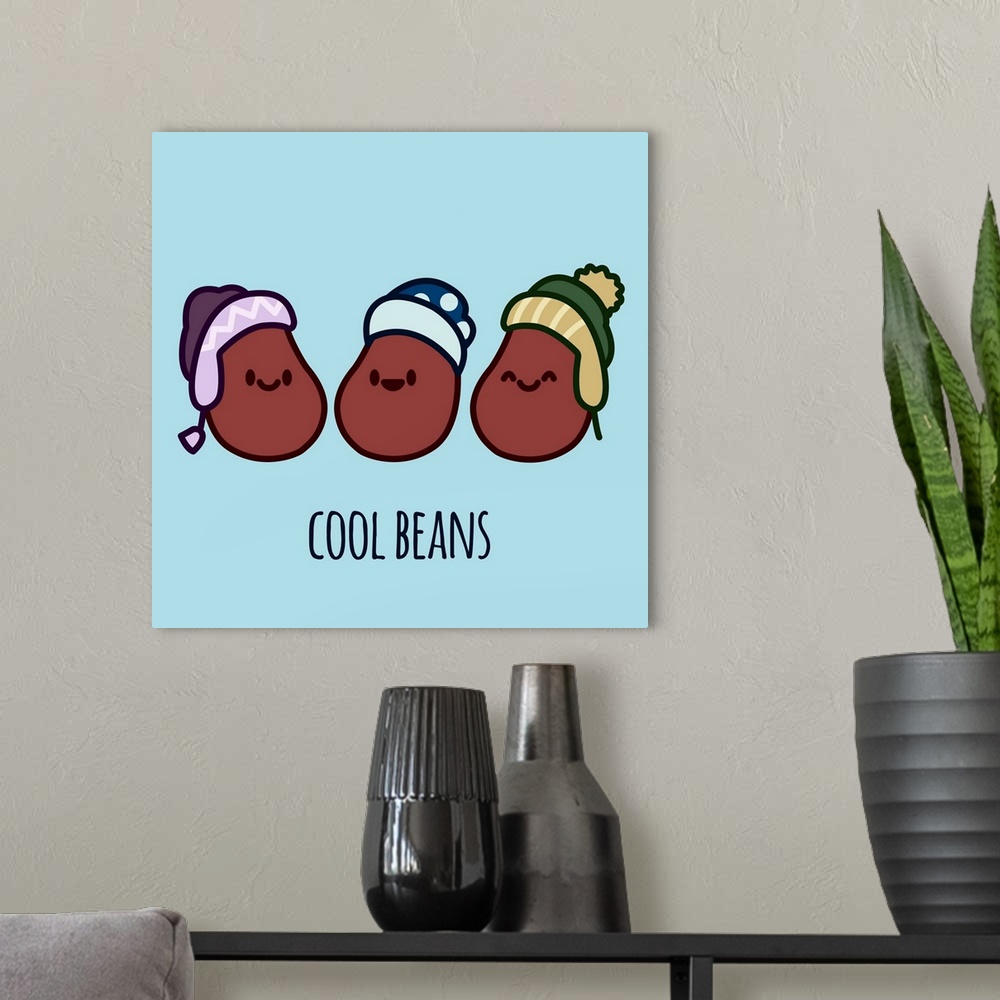 A modern room featuring Three stylish kidney beans wearing snowboarding hats.