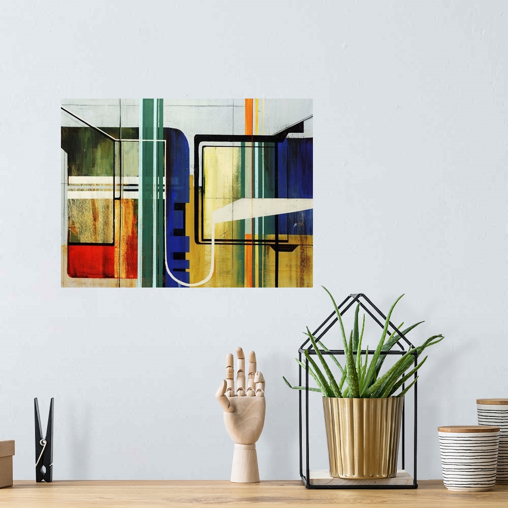 A bohemian room featuring Abstract modern art featuring geometric lines and  a colorful, but simple palette.