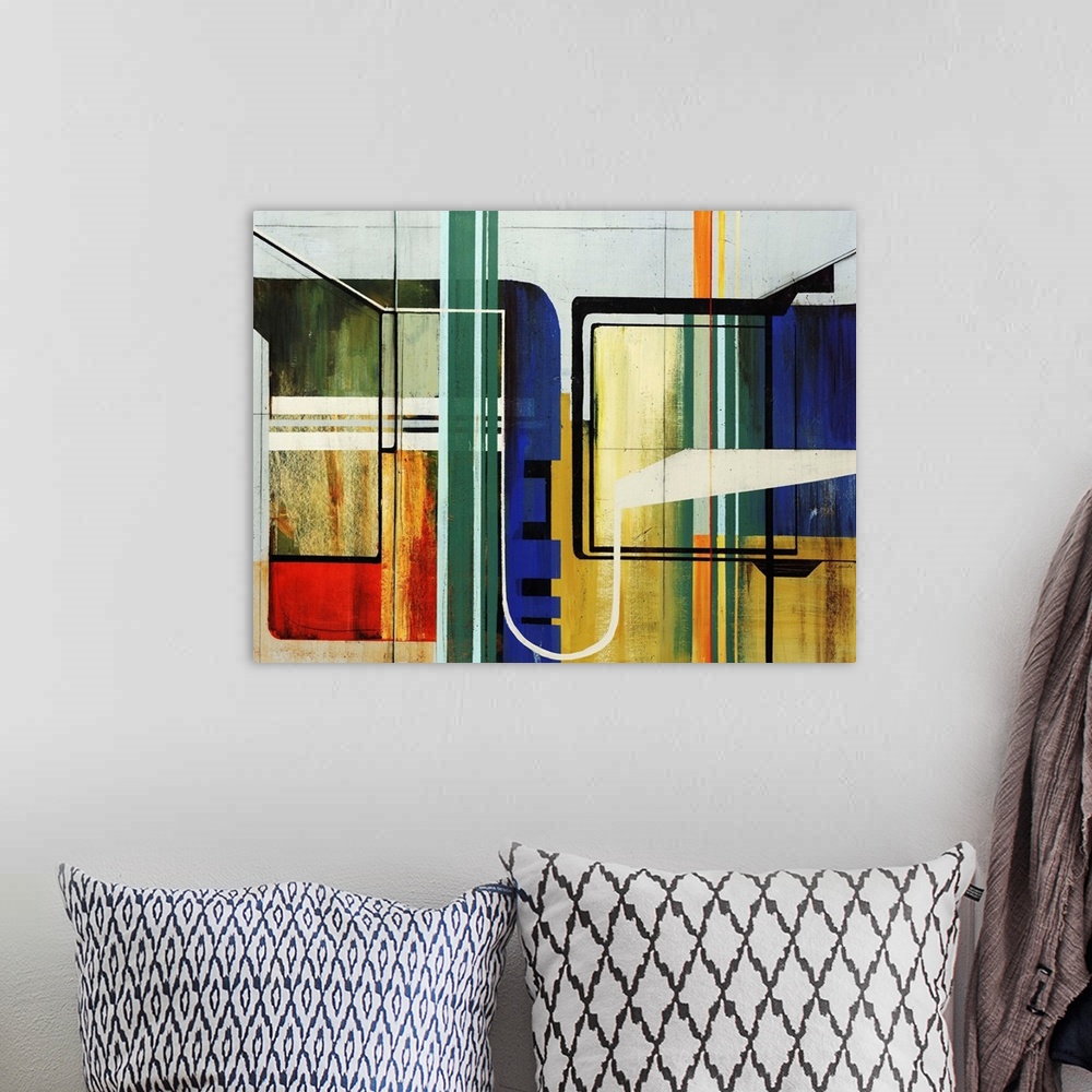 A bohemian room featuring Abstract modern art featuring geometric lines and  a colorful, but simple palette.