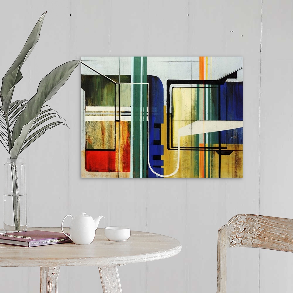 A farmhouse room featuring Abstract modern art featuring geometric lines and  a colorful, but simple palette.