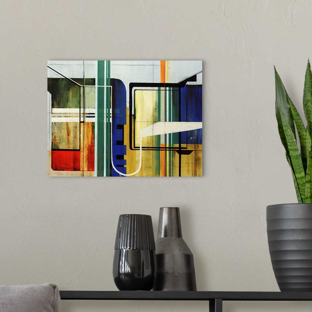 A modern room featuring Abstract modern art featuring geometric lines and  a colorful, but simple palette.