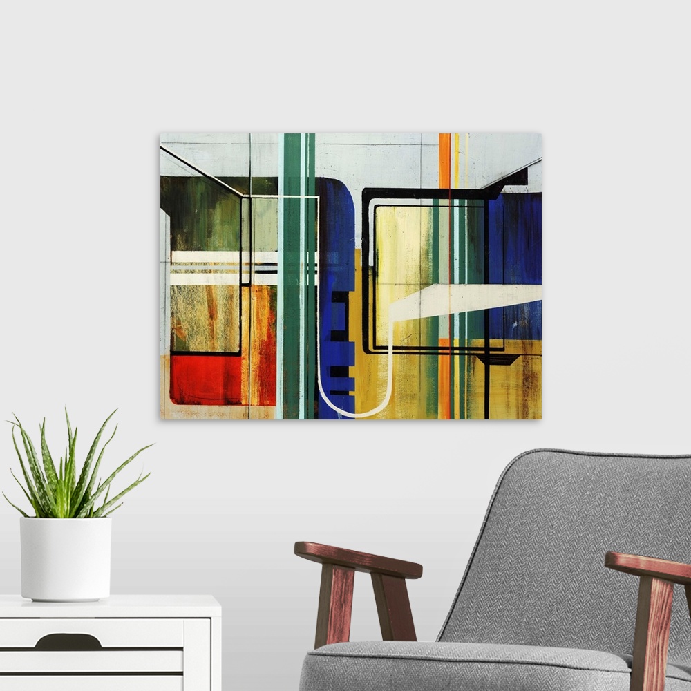 A modern room featuring Abstract modern art featuring geometric lines and  a colorful, but simple palette.