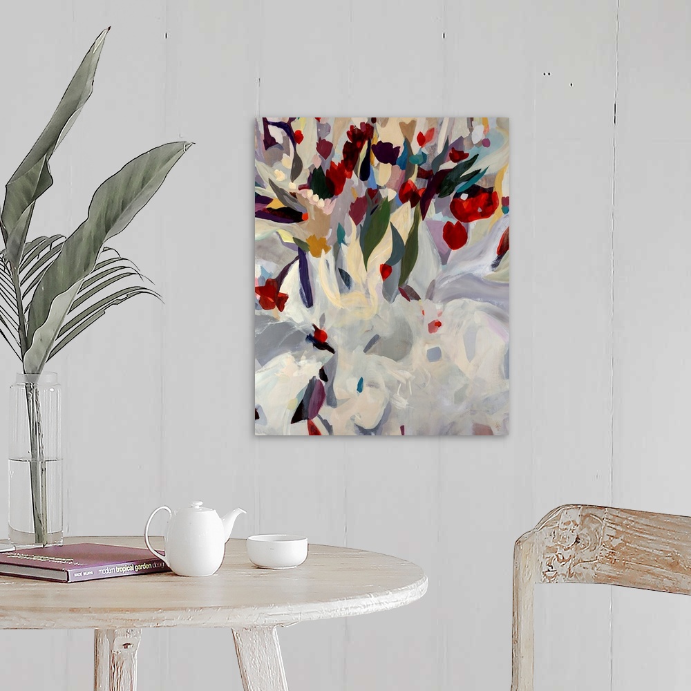 A farmhouse room featuring Large abstract modern painting of a uniquely arranged bouquet of blooming flowers. Vibrant tones ...